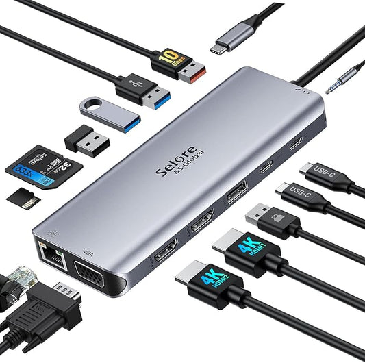 USB C Docking Station Dual Monitor, 14-in-1 Triple Display Dual 4K HDMI & VGA, 10Gbps Data Transfer, 100W PD, Gigabit Ethernet, SD/microSD Card Reader, Audio - USB-C Hub for Dell HP Lenovo MacBook