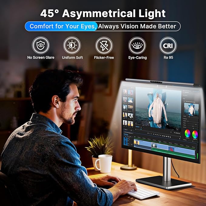 Syrinx Computer Monitor Light Bar with Backlight for Home Office, Eye-Caring USB LED Reading Lamp, Dimmable Screen Monitor Lamp, Smart Motion Sensor, Touch Control, CRI 95+, No Screen Glare for (RGB)