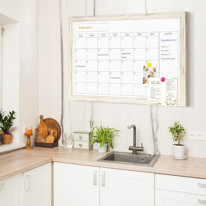 4 THOUGHT Whiteboard Calendar 36" x 24" Magnetic Dry Erase Board Wood Frame Wall-Mounted Monthly Planner White Board Decorative Notice Board for Office School Home, White Vintage