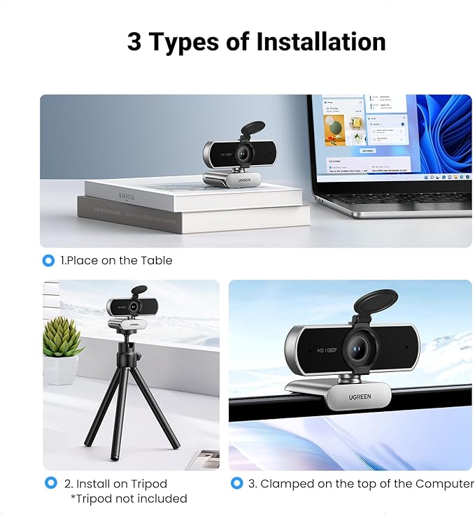UGREEN Full HD 1080P Webcam with Microphone, 2 Noise-Canceling Mics, 85° Fov & Fixed Focus, Plug and Play, Auto Light Correction, Privacy Cover PC Camera for Zoom/Skype/Teams, Switch 2, Silver Grey