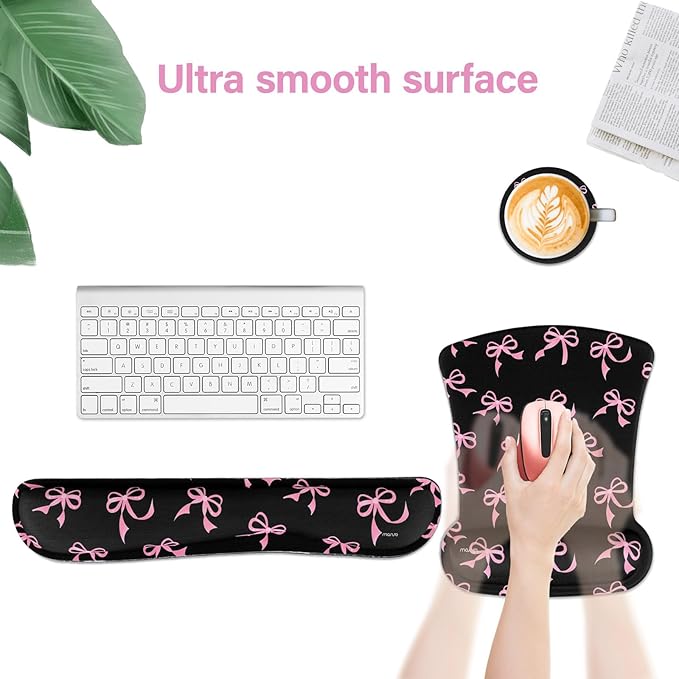 MOSISO Wrist Rest Support for Mouse Pad&Keyboard Set, Pink Bows Ergonomic Mousepad&Coaster Non-Slip Base Home/Office Pain Relief&Easy Typing Cushion with Neoprene Cloth&Raised Memory Foam, Black