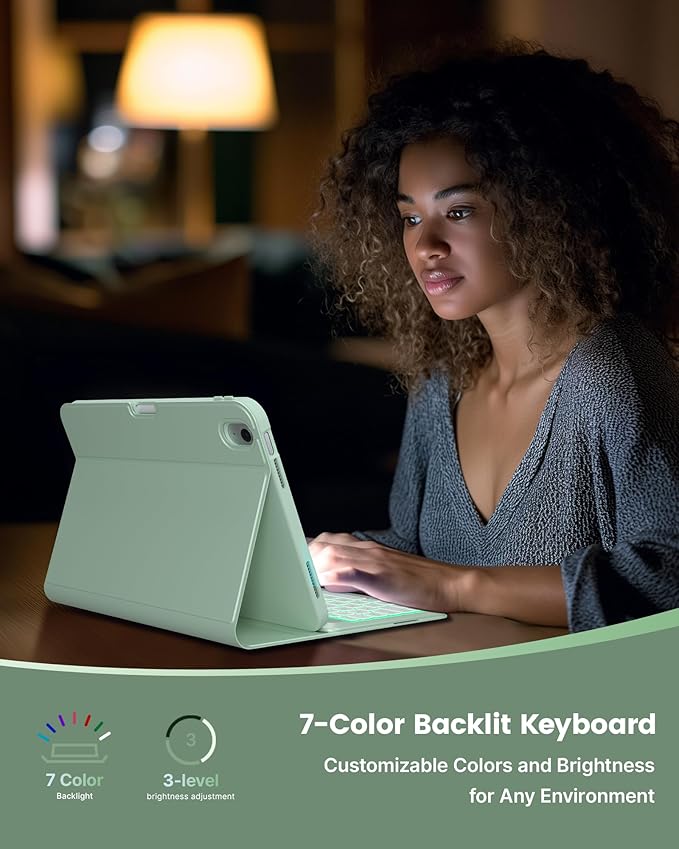 typecase Folio Keyboard Case for iPad 10th Gen 10.9 inch (2022) and iPad 11th (A16, 2025), Magnetic Wireless Detachable Keyboard, 7-Color Backlight, Thin & Light, Pencil Holder – Matcha Green