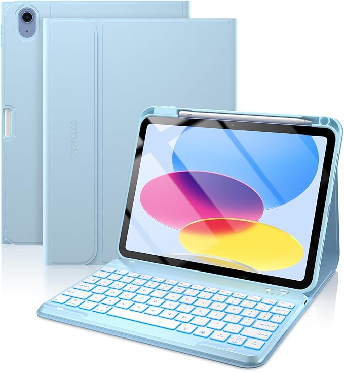 typecase Folio iPad 11th/10th Gen Keyboard Case (11" A16 2025 & 10.9" 2022) – Magnetic Wireless Detachable Keyboard, 7-Color Backlight, Thin & Light, Pencil Holder – Sky Blue