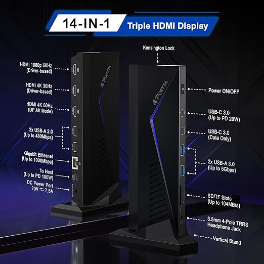 PORTTA 14 in 1 Docking Station Triple Monitor up to 4K 60 w/ 150W Power Adapter, HDMI x3, USB x6, RJ45, SD/TF, 100W PD, Audio/Mic, Compatible with macOS/Windows SST/MST, Driver Required