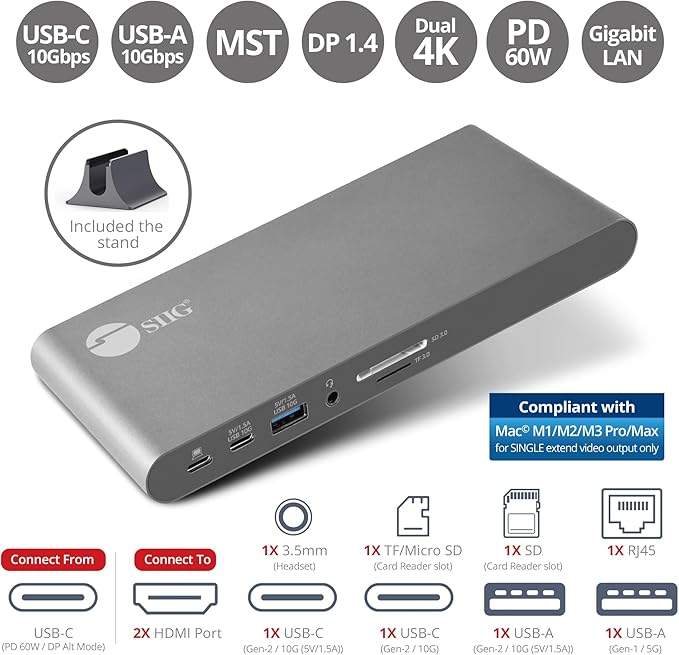 SIIG 4K USB-C MST Docking Station Dual 4K60Hz Display for Windows Laptops, Thunderbolt 3 Compatible, 60W PD, HDMI, Ethernet, SD/TF 3.0, USB 10G, Audio, Vertical/Horizontal Design (JU-DK0N11-S1)