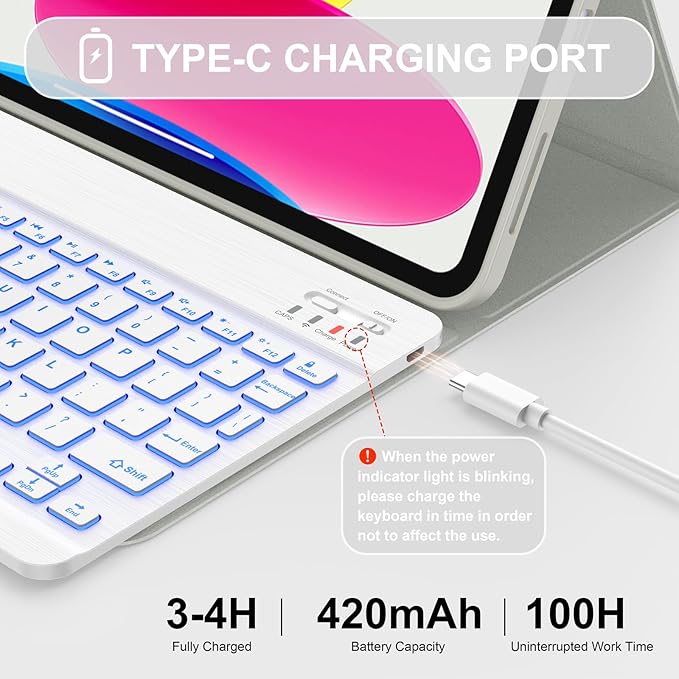 Soke for iPad (A16) 11th/10th Generation Case with Keyboard(2025/2022)-7 Color Backlight Wireless Detachable Folio Keyboard Cover with Built-in Pencil Holder for iPad 11/10.9 inch, Grey Marble