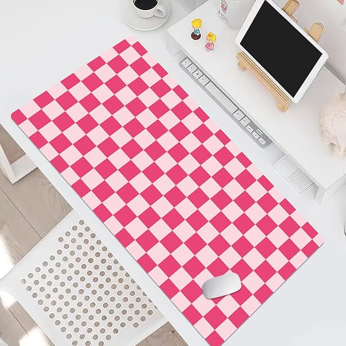 EOBTAIN Pink Checkered Mouse Pad Large,Retro Cute Desk Mat for Keyboard and Mouse,Girly Computer Mousepad XXL Extended Smooth Non-Slip Rubber Desk Protector Accessories for Office 31.5x15.7 Inch