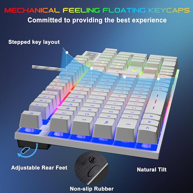 BlueFinger RGB Gaming Keyboard and Backlit Mouse and Headset Combo, USB Wired Backlit Keyboard, LED Gaming Mouse Set, Headset with Microphone for Laptop PC Computer Game and Work, White