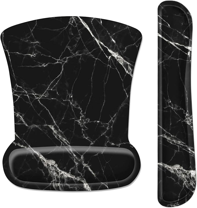 Ergonomic Mouse Pad with Wrist Rest Support and Keyboard Wrist Rest Set with Coaster, Cute Wrist Pad with Non-Slip Rubber Base and Raised Memory Foam, Easy Typing & Pain Relief, Black White Marble