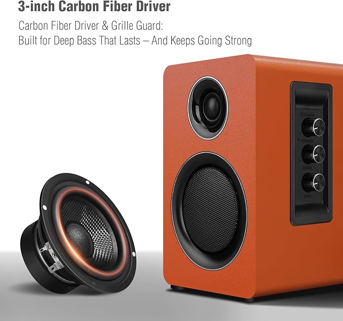 Computer Speakers for Desktop PC, Active Bookshelf Speaker with 3‘’ Carbon Fiber Woofer and Silk Film Tweeter ,Supports Bluetooth 5.3, USB-C, AUX/RCA Input for Record Player TV - Orange Stereo Set