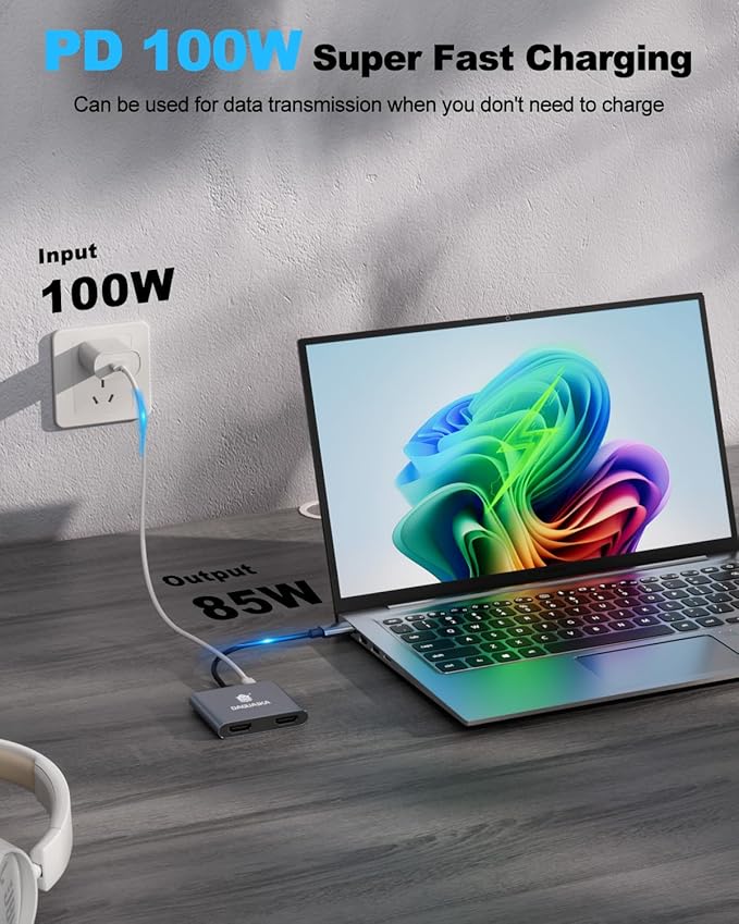 USB C to Dual HDMI Adapter 4K@60Hz, 4-in-1 HDMI Splitter for Dual Monitors, 100W PD Charging, USB A Port, Docking Station for MacBook/LenovoYoga/Thinkpad, XPS and More (macOS only Support SST Mode)