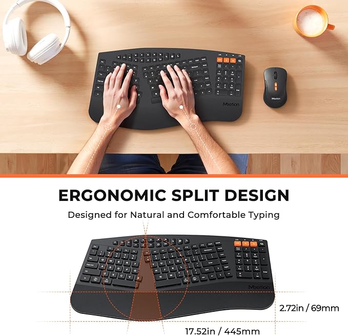 MEETION Ergonomic Keyboard and Mouse, Multi-Device Bluetooth Keyboard and Mouse Wireless, 4 DPI Adjustable Mouse, Full-Sized Split Keyboard, for PC/Computer/Laptop/Tablet/Window/Mac
