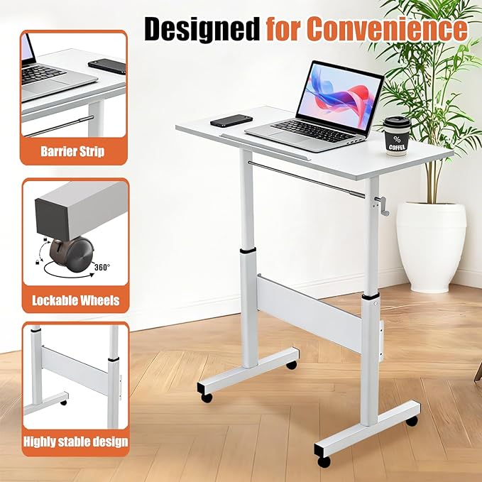 Hand Crank Small Standing Desk, Adjustable Height 27.76-40", Tiltable Tabletop with Wheels, Portable Laptop Computer Table, Rolling Podium Mobile Stand Up Desk for Walking Pad Treadmill, Home Office