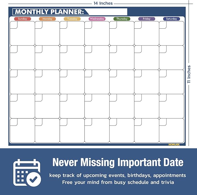 HOMiDEK Magnetic Dry Erase Calendar for Refrigerator, Fridge Whiteboard Calendar Magnet Meal Planner Menu Board with Magnetic list, Dry Erase Markers and Eraser - 14 x 11 Inches