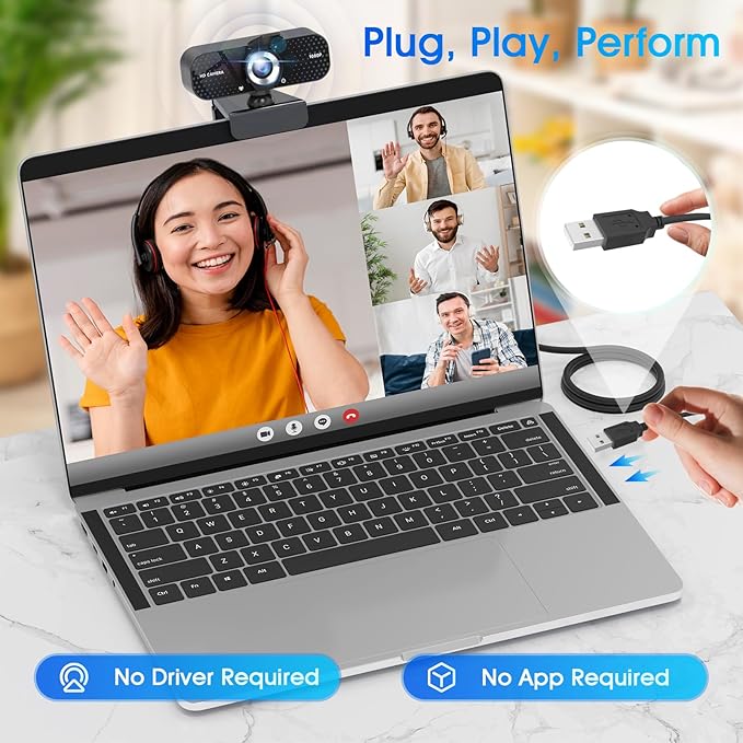 1080P Full HD Webcam with Noise-Canceling Mic, Auto Light Correction, Privacy Cover, Wide-Angle Lens, Plug & Play USB Camera for Laptops, Desktops, PCs, Macs, Zoom, Skype, Teams and Streaming