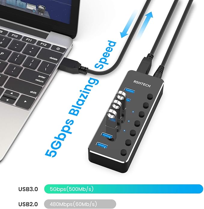 USB 3.0 Hub, RSHTECH 7 Port Powered USB Hub Expander Aluminum USB 3.0 Data Port hub with Universal 5V AC Adapter and Individual On/Off Switches USB Splitter for Laptop and PC(Black)