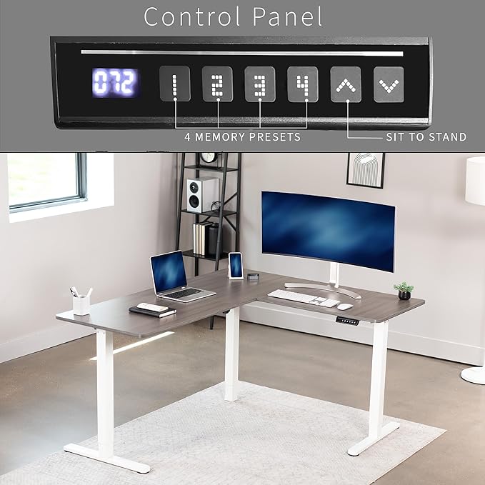 VIVO Corner Standing Desk, 63 x 55 inch Reversible L-Shaped Workstation, Electric Height Adjustment, Home, Office, and Reception Rooms, Dark Gray Table Top White Frame, DESK-E3CTWG