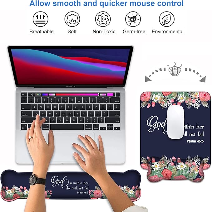 Wrist Rest Support Ergonomic Gel Mouse Pad & Memory Foam Keyboard Set, Non-Slip Rubber PU Base for Home Office Working Studying Easy Typing & Pain Relief - Bible Verses Psalm 46:5