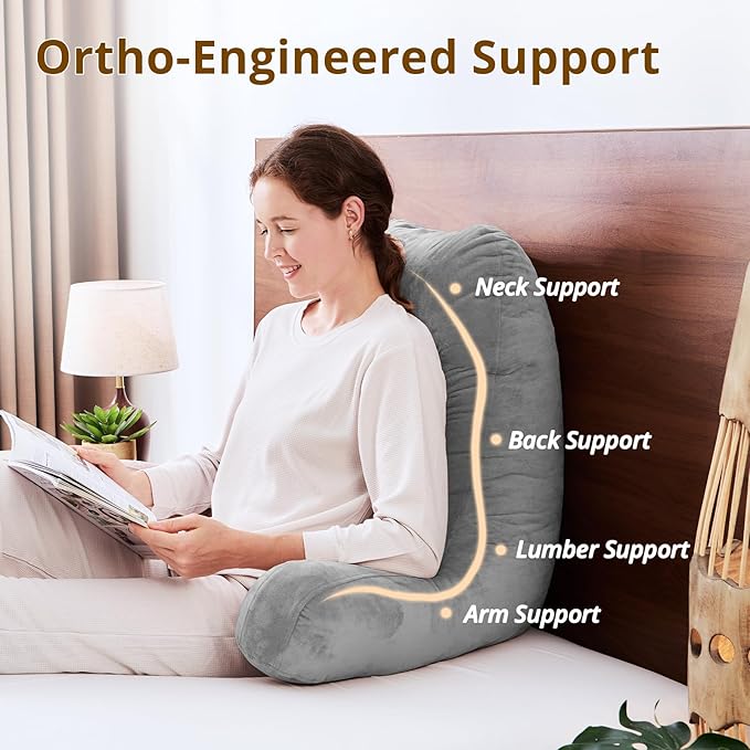 Sasttie 25-inch Reading Pillows for Sitting in Bed Adult, Jumbo Velvet Back Pillow Bed Sitting Up, XL High Back-Rest Support Cushion for Sit Up on Couch & Floor, Oeko-Tex Certified, Dark Grey