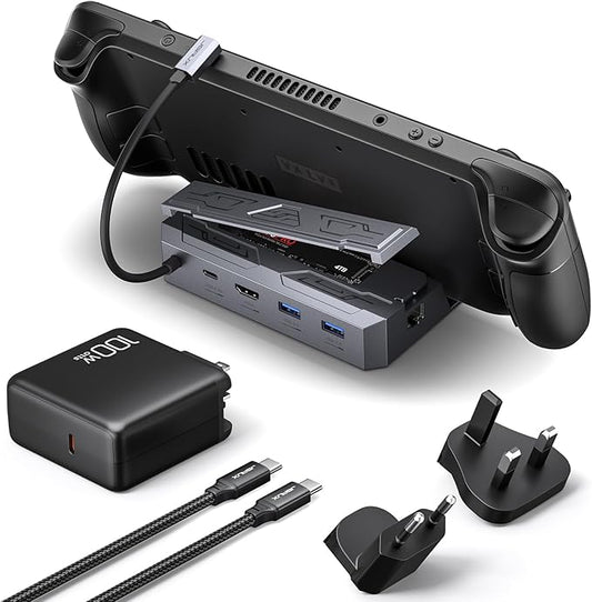JSAUX Steam Deck Dock with 100W Charger, 6-in-1 M.2 Docking Station for Steam Deck/ROG Ally, 4K@60Hz HDMI, Gigabit Ethernet, PD 100W, 10Gbps USB A&C 3.2, M.2 Slot (Up to 2TB)-HB0604 (SSD Not Included)