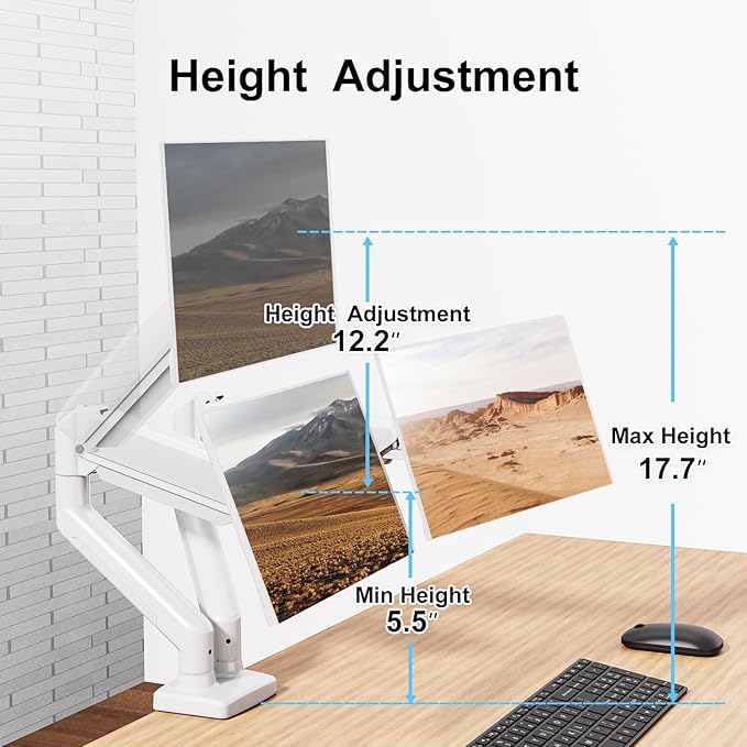 Dual Monitor Mount Fits 13 to 32 Inch Computer Screen, Dual Monitor Arm Hold 4.4-19.8lbs Each, Full Motion Monitor Desk Mounts for 2 Monitors, Gas Spring Monitor Stand, VESA Mount, White