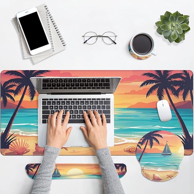 Arttown Ocean Beach Sailboat Desk Mat Tropical Mouse Pad Set 4 in 1 Ergonomic Design Large Mouse Pad + Keyboard Wrist Rest + Mouse Wrist Rest + Coaster Suitable for Home Office Study Game