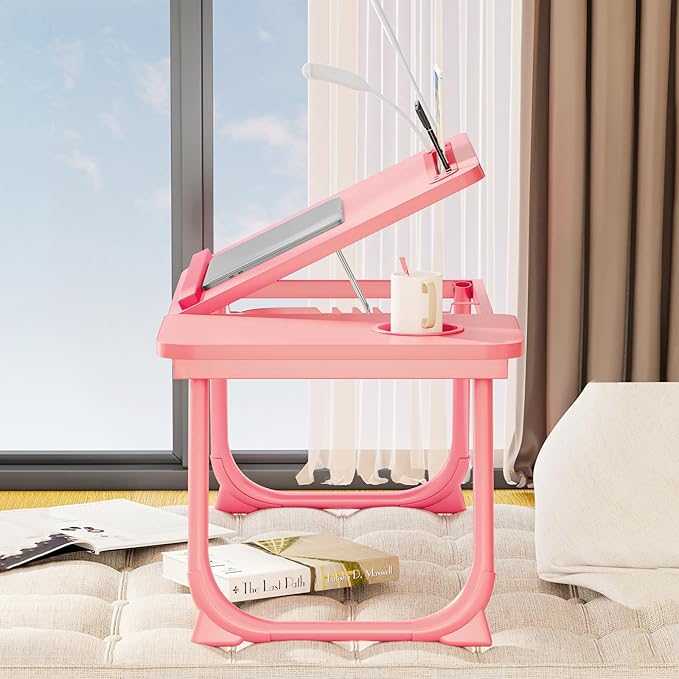 Laptop Desk for Bed, Adjustable Laptop Stand with 5 Different Angles, Portable Lap Tray Table with USB Charge Port and Cup Holder, Laptop Bed Desk Tray for Eating Working Writing (Pink)
