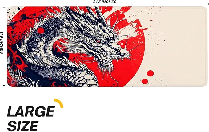 Japanese Dragon Gaming Mouse Pad with Non-Slip Rubber Base, Large Anime Mousepad with Stitched Edges, Long Keyboard Desk Mat for Home and Office, 31.5 x 11.8 inches