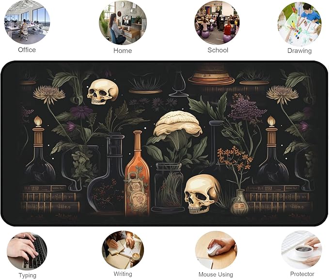 Retro Skull Large Mouse Pad, Gothic Desk Pad XXL, Office Desk Plant Desktop Cover Pad, Expanded Large Laptop Keyboard Pad, Dark Academic Gaming Table Decoration Accessories 31.5"X15.7"