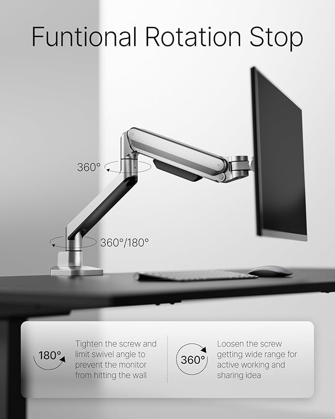 monTEK Deluxe Monitor Arm for 17 to 40 Inch Curved Screens with Cable Management Aluminum Fully Adjustable Single Monitor Arm with Clamp/Grommet, Quick Release Plate,75x75/100x100 VESA