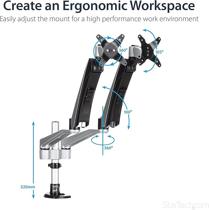 StarTech.com Desk Mount Dual Monitor Arm - Articulating - Supports VESA Monitors 12'' to 30" (19.8lb/9kg) - Adjustable - Grommet/Desk Mount - Premium - Silver, TAA (ARMDUAL30)