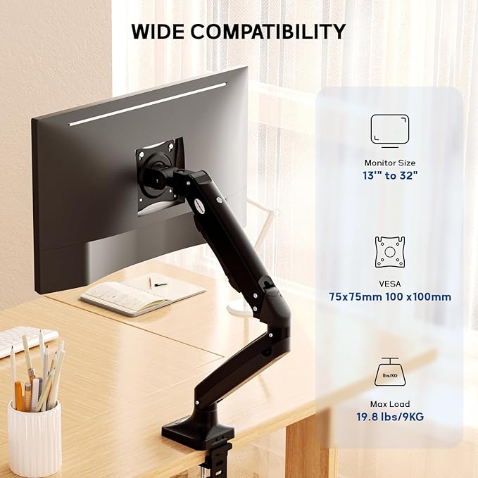 MEASUREMAN Premium Gas Spring Monitor Desk Mount, Full Motion Articulating Single Arm for Ergonomic Height Adjustment | Fits 17 to 35 Inch Screens up to 22 lbs, VESA 75x75 & 100x100mm