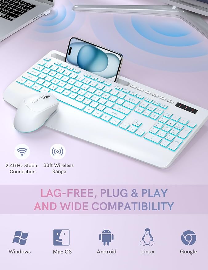 Trueque Wireless Keyboard and Mouse Combo with 7 Colored Backlits, Wrist Rest, Rechargeable Ergonomic Keyboard with Phone Holder, Silent Lighted Full Size Combo for Windows, PC, Laptop (Cloud White)