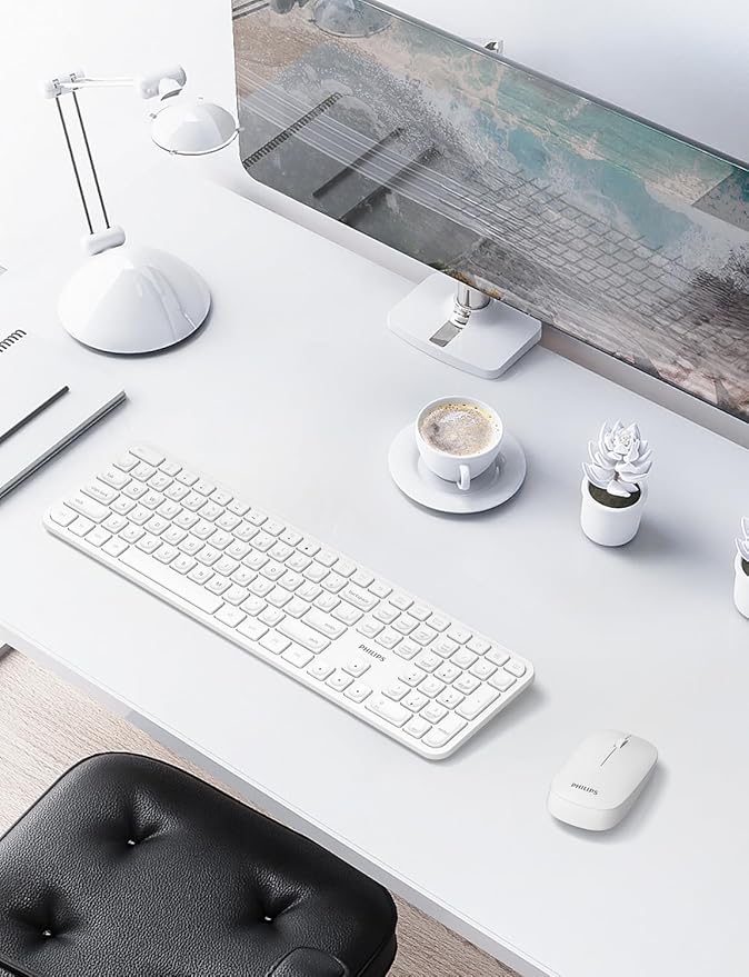 Philips Wireless Keyboard and Mouse Combo,2.4G 2 in 1 Receiver Cordless Full Size Keyboard and Mice,Ultra Slim and Quiet Keyboard & Ergonomic Mice for Windows XP/7/8/10,Mac OS X10.4 or Higher-White