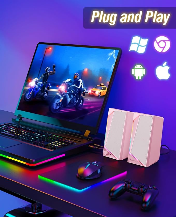 LENRUE Computer Speakers, USB/USB-C Powered PC Speakers with Loud Stereo Sound, Headphone-in for Desktop, Laptop, Monitor (USB-C to USB Adapter Included) (Pink)