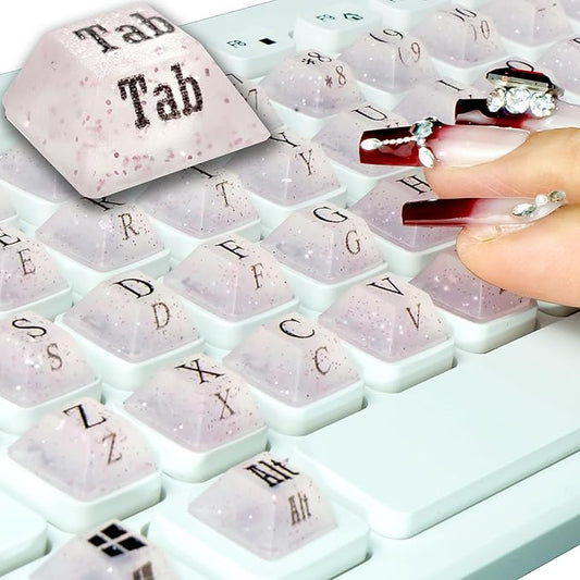 80 Pcs PC Keyboard Stickers for Long Nails Typing and Gaming, Anti-Damage Symbolic and Alphanumeric Keys for Nail-Art (Sparkly Pink)