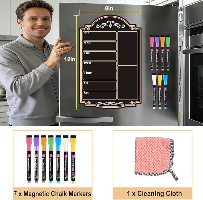 Acrylic Magnetic Dry Erase Board Calendar for Fridge 12" x 8" Black Weekly Planner Whiteboard for Refrigerator Magnet Planning Calendars to Do List Family House Kitchen Decor with 7 Colors Markers