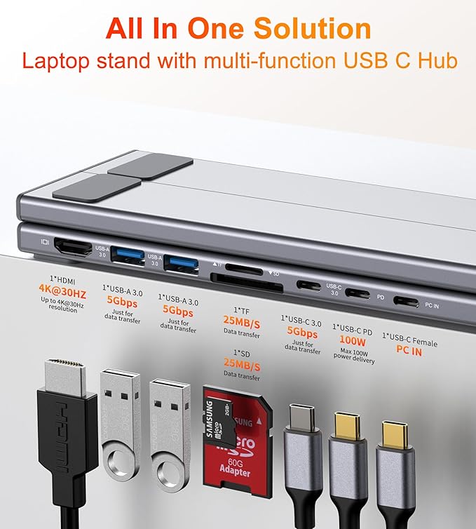 USB C Laptop Docking Station Stand, Dock Tablet Stand, 8 in 1 USB C Hub with 4K HDMI, 2 USB 3.0, PD 100W, Universal Dock Station for MacBook Pro/Air/Dell/HP/Surface/Lenovo, Plug and Play