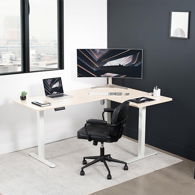 VIVO Corner Standing Desk, 63 x 47 inch Reversible L-Shaped Workstation, Electric Height Adjustment, Home, Office, and Reception Rooms, Light Wood Table Top White Frame, DESK-E3CTWC-47