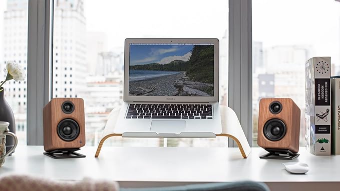 Kanto YU2 Powered Desktop Computer Speakers | 3" Drivers 3/4" Silk Dome Tweeter | 50 W RMS | Built-in USB DAC & AUX Input | Sub Out | Pair | Walnut