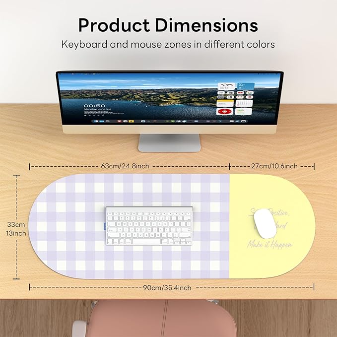 Checkered Pattern Desk Pad Protector, 35.5 x 13'' in Aesthetic Mouse Mat for Desktop, Waterproof PU Leathe Non-Slip Desk Writing Pad for Office and Home, Purple and Yellow