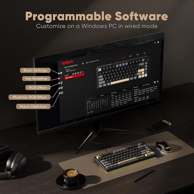 RedThunder K75 Wireless Mechanical Keyboard, CNC Knob, Tri-Mode BT5.0/2.4GHz/USB-C Hot Swappable Custom, Pre-lubed Linear Coconut Switches, Gasket Structure, RGB Gaming Keyboard, Black-Gold