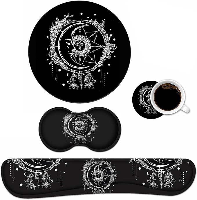 Keyboard Wrist Rest and Mouse Pad Wrist Rest Set with Coasters [4Pcs], Ergonomic Support, Non-Slip Rubber Base for Home OfficeEasy Typing & Pain Relief, Celestial Theme Sun with Crescent Moon