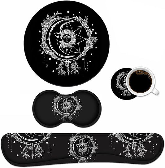 Keyboard Wrist Rest and Mouse Pad Wrist Rest Set with Coasters [4Pcs], Ergonomic Support, Non-Slip Rubber Base for Home OfficeEasy Typing & Pain Relief, Celestial Theme Sun with Crescent Moon