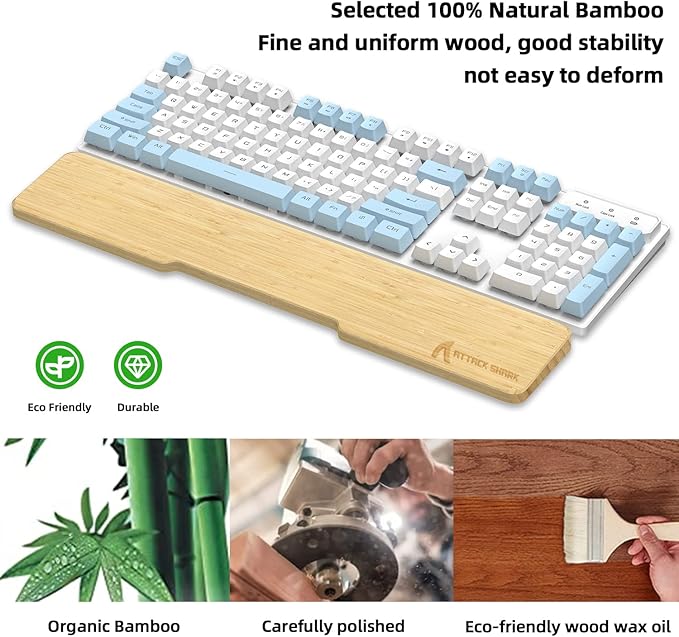 ATTACK SHARK Bamboo Wrist Rest for Computer Keyboard，Ergonomic Hard Palm Rest for Comfortable Typing Pain Relief，Anti-Slip Wrist Support for Office, Gaming, Laptop (104Key)
