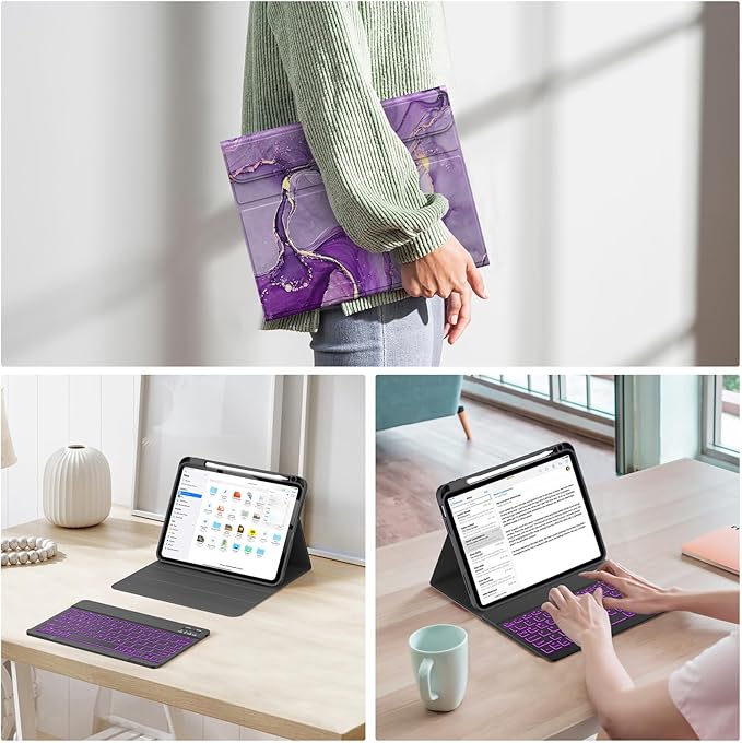 Soke for iPad (A16) 11th/10th Generation Case with Keyboard(2025/2022)-7 Color Backlight Wireless Detachable Folio Keyboard Cover with Built-in Pencil Holder for iPad 11/10.9 inch, Purple Marble