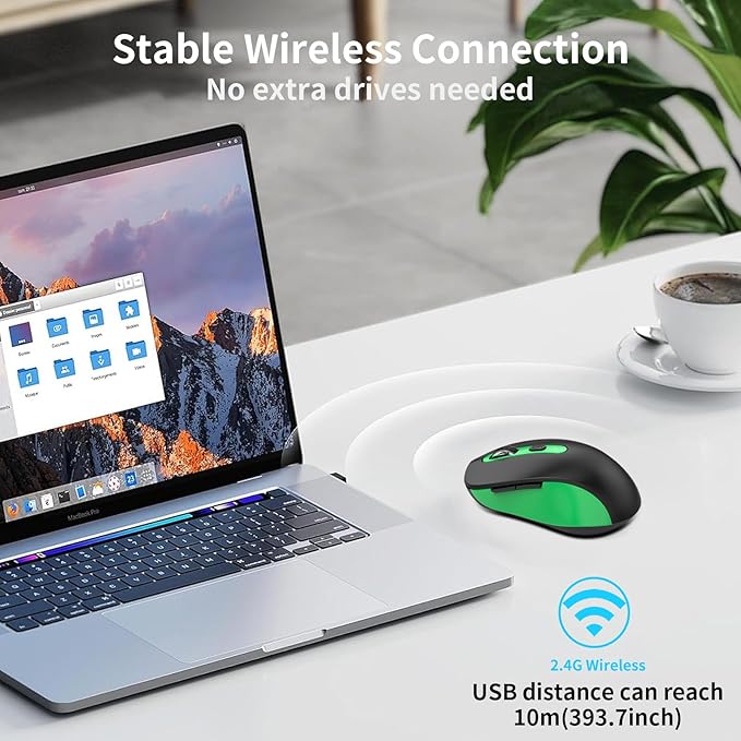 Wireless Mouse for Laptop, PC, Chromebook, Mac, MacBook, Silent Wireless Mouse with USB Nano Receiver, Side Button, 2400 DPI, Anti Slip Roller, 6 Button Ergonomics Cordless Computer Mice - Black Green
