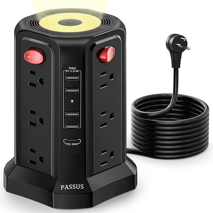 Surge Protector Power Strip with 5 USB Ports(1 USB C PD20W), 2nd Generation PASSUS Power Strips with Night Light, 10FT Extension Cord with Multiple Outlets for Home Office Dormroom Essentials
