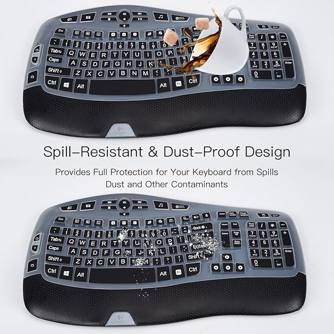 Keyboard Cover for Logitech K350 MK550 MK570 Keyboard Cover Skin for Logitech K350 MK550 MK570 Wireless Wave Keyboards Covers Skin Protector Accessories, Black-Large Print