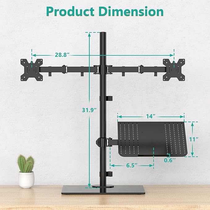 WALI Dual Monitor Stand with Laptop Holder, Height Adjustable Laptop Stand for Desk, Fits up to 27 inch Monitors and 17 inch Laptops, Freestanding Dual Monitor Mount with Glass Base(GMF003LP), Black